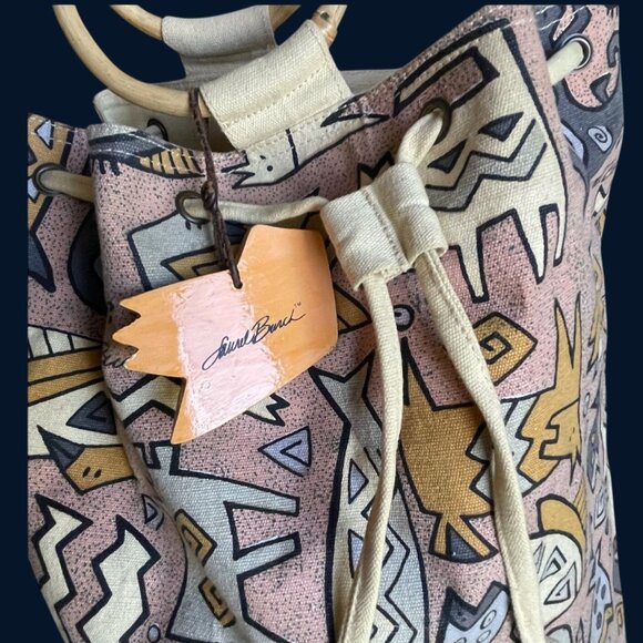 Laurel Burch Canvas Shoulder Tote BUcket Bag Purse Tribal Animal Bamboo Handle - Picture 4 of 9
